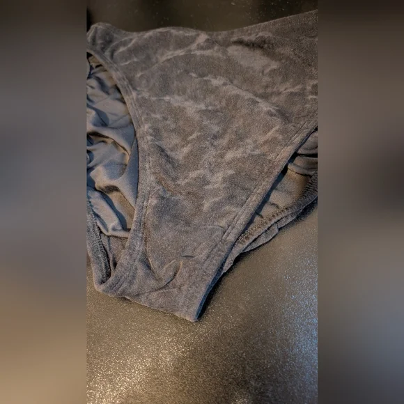 '90s Vintage High Thigh Cut Bikini Bottom Black Suede-Like Fabric - Picture 3 of 8